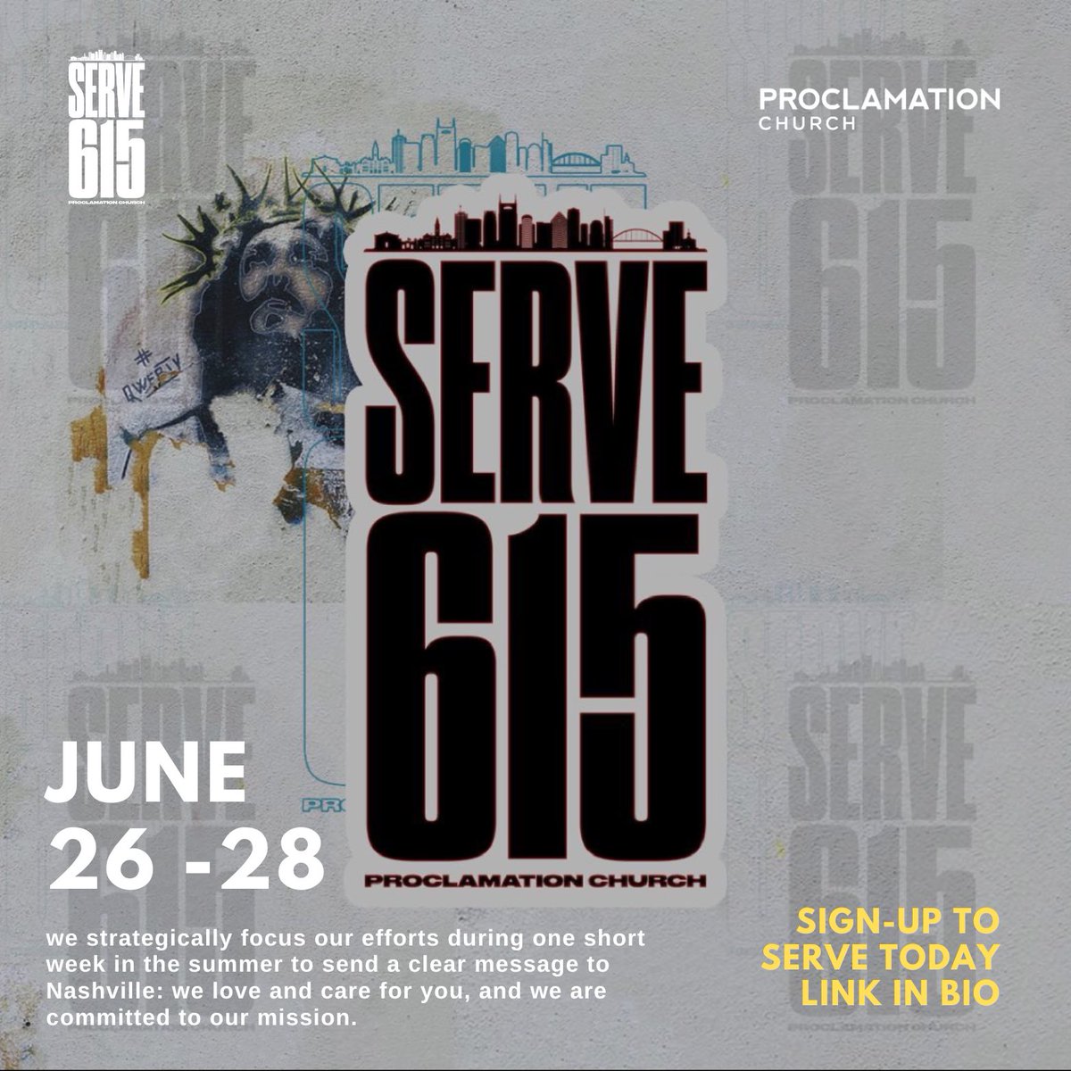 ProclamationTN's tweet image. SERVE615 is our week-long serving initiative focused on loving our community in tangible ways. SERVE615 will take place from June 26th through the 28th. Let’s show our city the love of Christ!

RSVP LINK: proclamationtn.churchcenter.com/registrations/…
