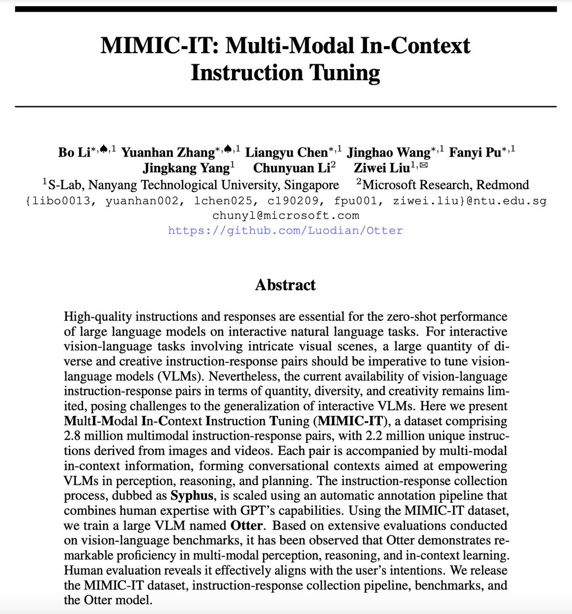 woojinrad's tweet image. 🤖🎓 Introducing MIMIC-IT, a dataset with 2.8M multimodal instruction-response pairs, enhancing the training of #VideoLanguageModels like Otter.

arXiv 👉 buff.ly/3X2GSUi
#AI #GenerativeAI #GenAI