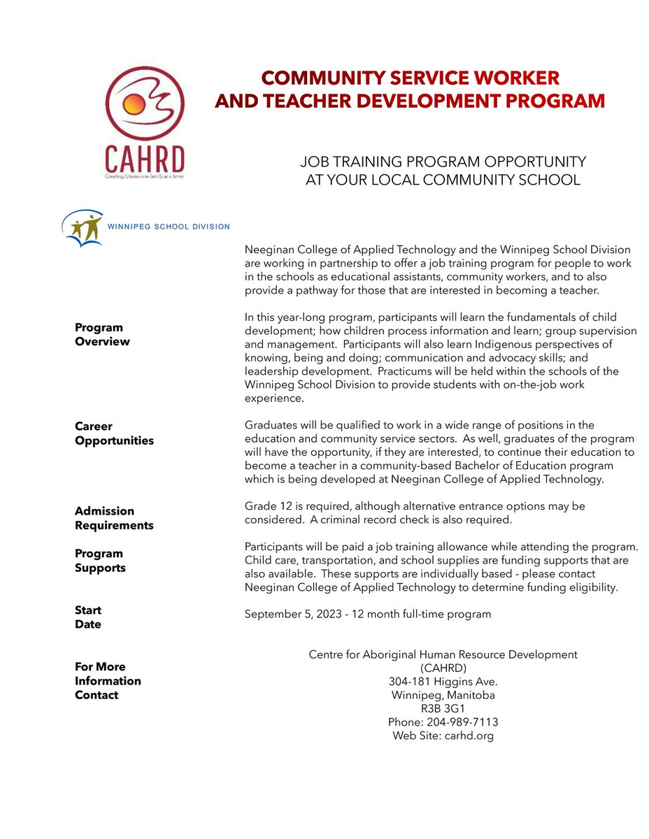 WinnipegAdultEd's tweet photo. Are you interested in a career in education?

On Thursday, the Centre for Aboriginal Human Resources Development will be here to talk about a 12 month full-time program that provides a path into a range of positions in the education and community service sectors. https://t.co/4Gl7m3pPV8