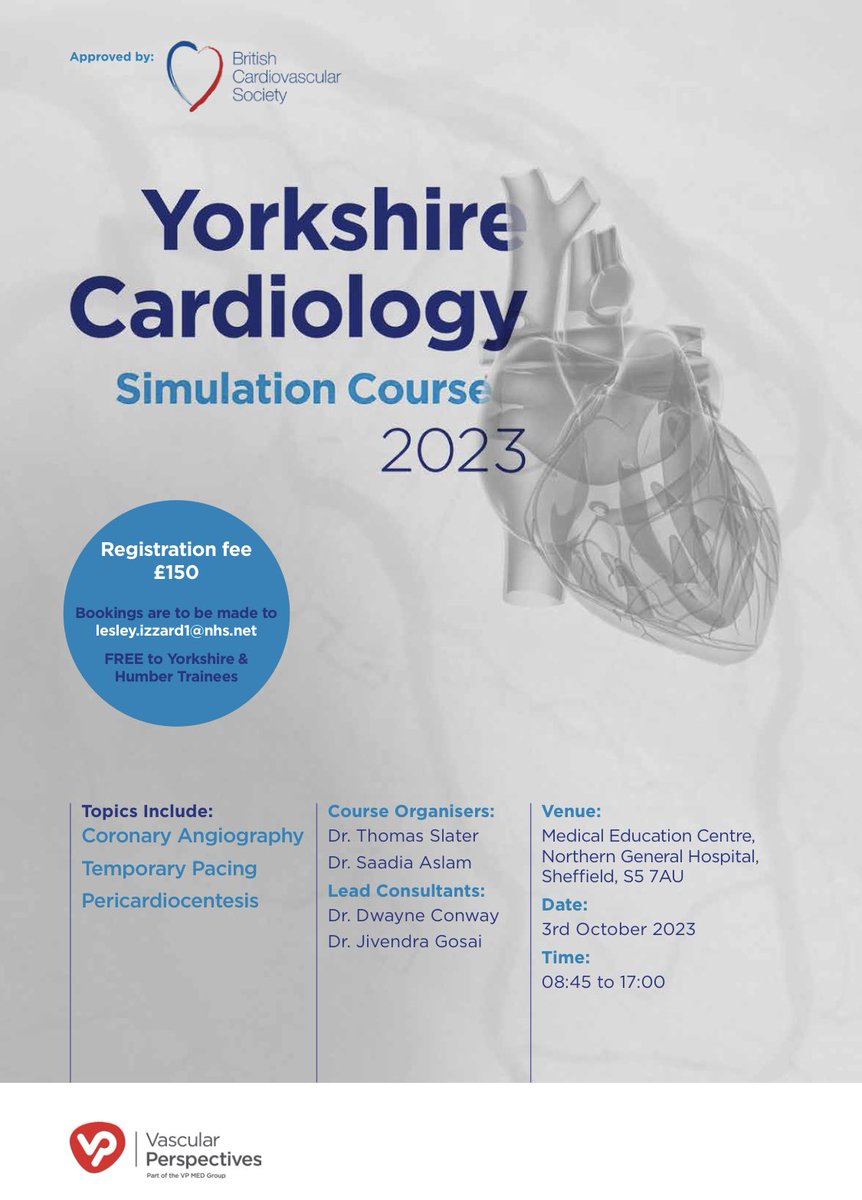 🚨 incoming Cardiology ST4s! Procedural simulation course 03/10/23 in Sheffield - angio, TPW, pericardiocentesis (sorry no TAVI yet). Please DM if you want more info, and send to any incoming ST4s (Yorkshire trainees take preference, then waiting list for remaining spaces)