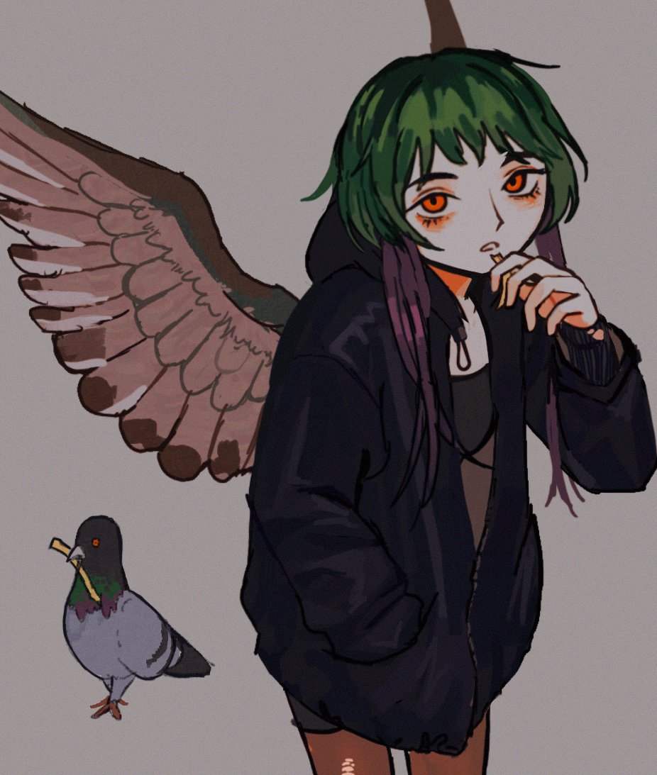 1girl bird wings green hair hood orange eyes simple background  illustration images