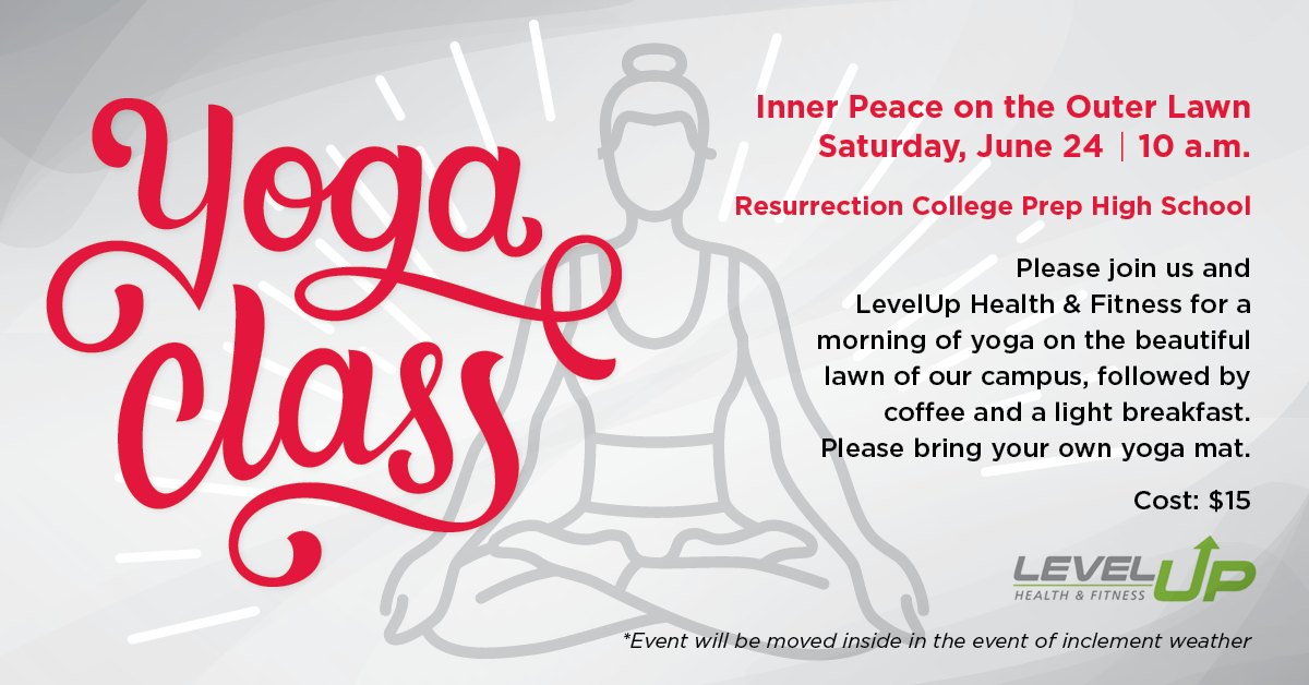 Resurrection HS (@resurrectionhs) on Twitter photo Be sure to join us for Inner Peace on the Outer Lawn on June 24! Relax during a morning of yoga on the beautiful lawn of our campus from 10 a.m. to noon. Thank you to LevelUp Health & Fitness for teaching the class! Register today! bit.ly/43EO1fJ Be sure to join us for Inner Peace on the Outer Lawn on June 24! Relax during a morning of yoga on the beautiful lawn of our campus from 10 a.m. to noon. Thank you to LevelUp Health & Fitness for teaching the class! Register today! bit.ly/43EO1fJ