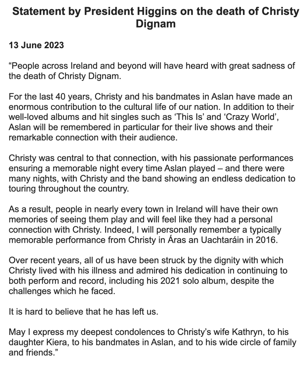 thejournal_ie's tweet photo. President Michael D Higgins has paid tribute to Christy Dignam: "It is hard to believe that he has left us."

https://t.co/BIl8Bp0oJd https://t.co/FT9SkPCP1c