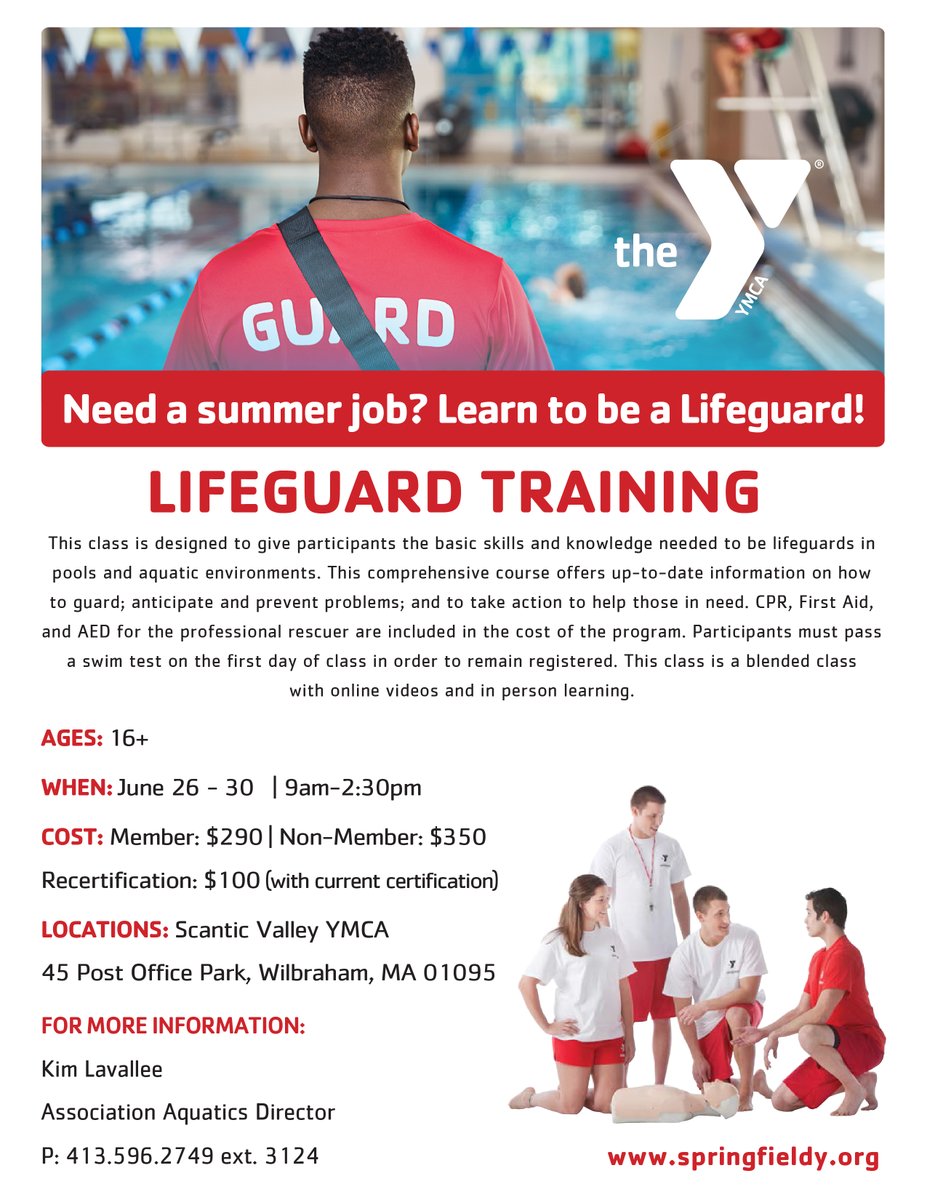 Looking for a summer job? Learn to be a lifeguard and open yourself up to many summer job opportunities. This lifeguard training class will take place from June 26-June 30. For more information contact Kim Lavallee at 413-596-2749 ext. 3124
