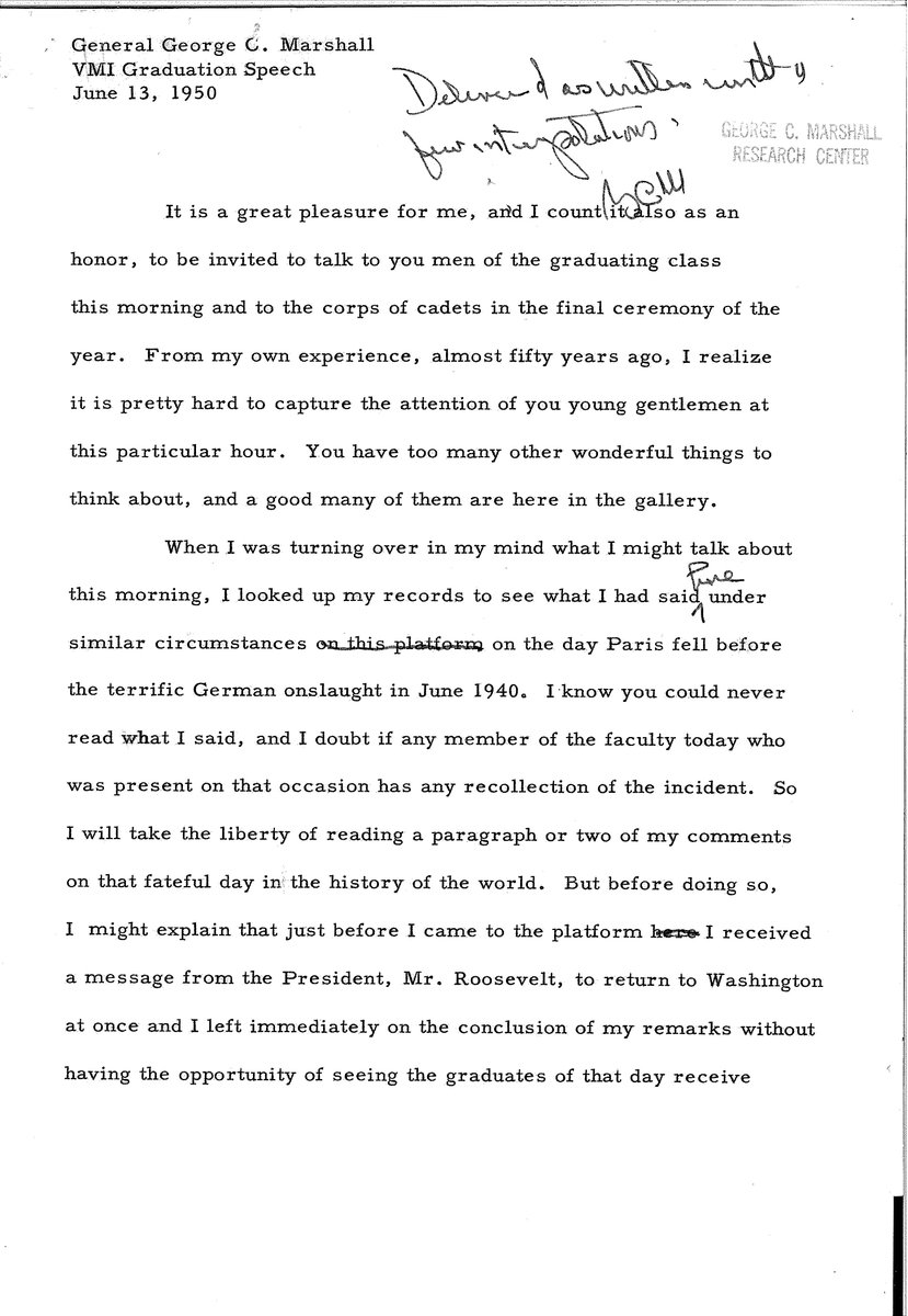 #OTD 1950, Gen. George Marshall, then serving as president of the American Red Cross, spoke @VMI1839 graduation, 49 years after he graduated there.
#MarshallFoundationLibrary