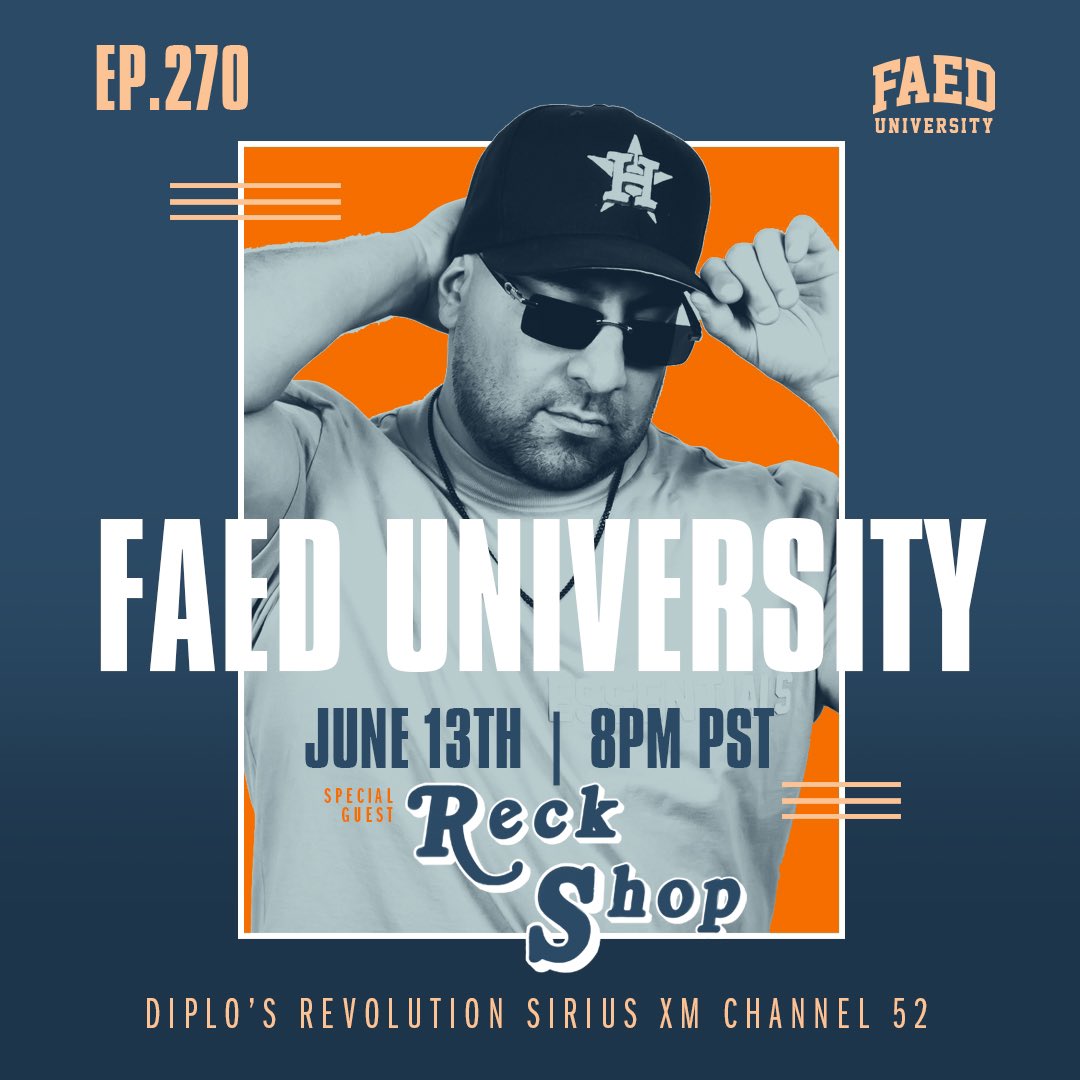 Special guest set from @DJRECKSHOP Tonight – 8pm PST <a href="/SIRIUSXM/">SiriusXM</a> Ch. 52 #FAEDUniversity