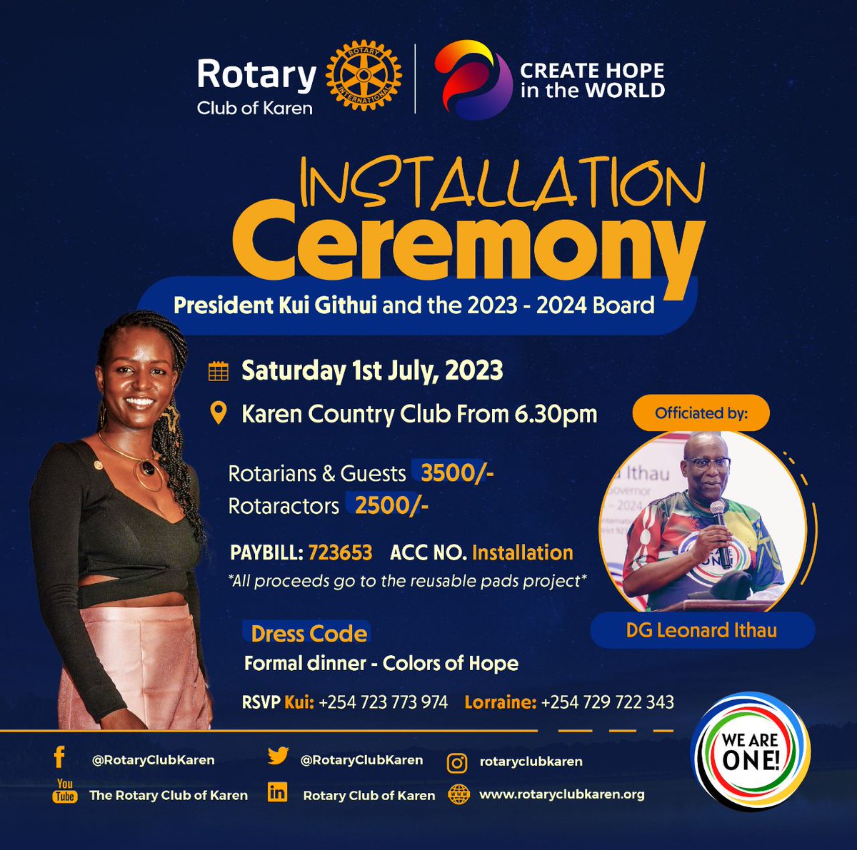 *1️⃣7️⃣ More Days*

Rotarians and Friends of Rotary,

The Day is coming fast for the new leadership of Rotary Club of Karen and PE Kui Githui to be officially installed.

Come and join the Celebration. 🥳

_See poster for payment details and kindly RSVP by 15th June 2023._