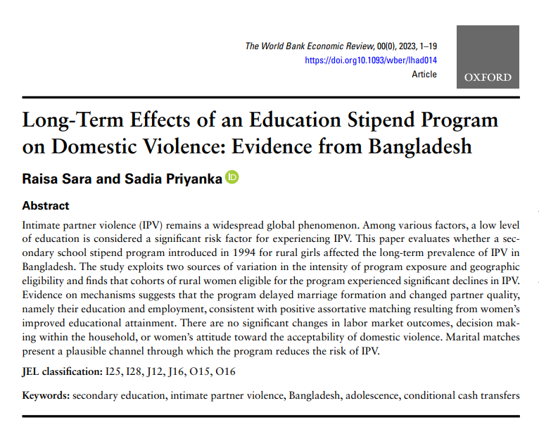 RaisaTSara's tweet photo. Thrilled to announce the publication of our paper in WBER examining the long-term impact of the FSSSP program on domestic violence in Bangladesh, co-authored with the absolutely amazing @sadia_priyanka. (1/5) https://t.co/GL0vyOOrAC https://t.co/4w5Djtl68z