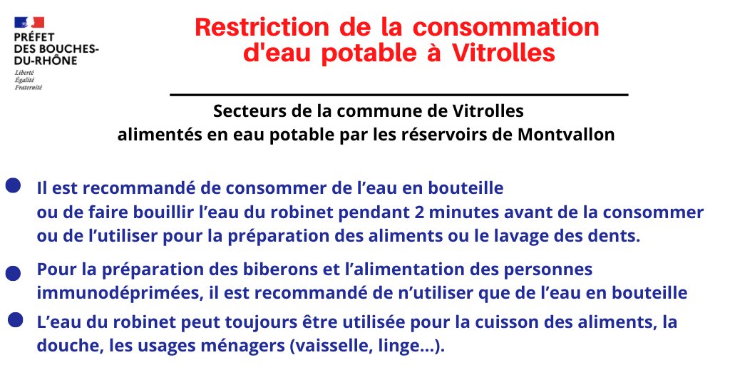 Prefet13's tweet image. ⚠️Restriction de la consommation d’eau potable sur les secteurs de la commune de #Vitrolles alimentés par les réservoirs de Montvallon.

@prefet13 prend, ce mardi 13 juin, un arrêté pour interdire de consommer l’eau du réseau public de distribution.