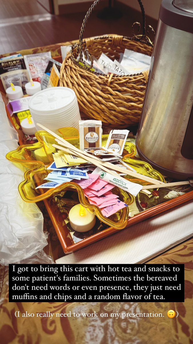 jsparkblog's tweet image. I got to bring this cart with hot tea and snacks to some patient's families. 

Sometimes the bereaved don't need words or even presence, they just need muffins and chips and a random flavor of tea.

(I also really need to work on my presentation. 🙃)
#hospital #chaplain