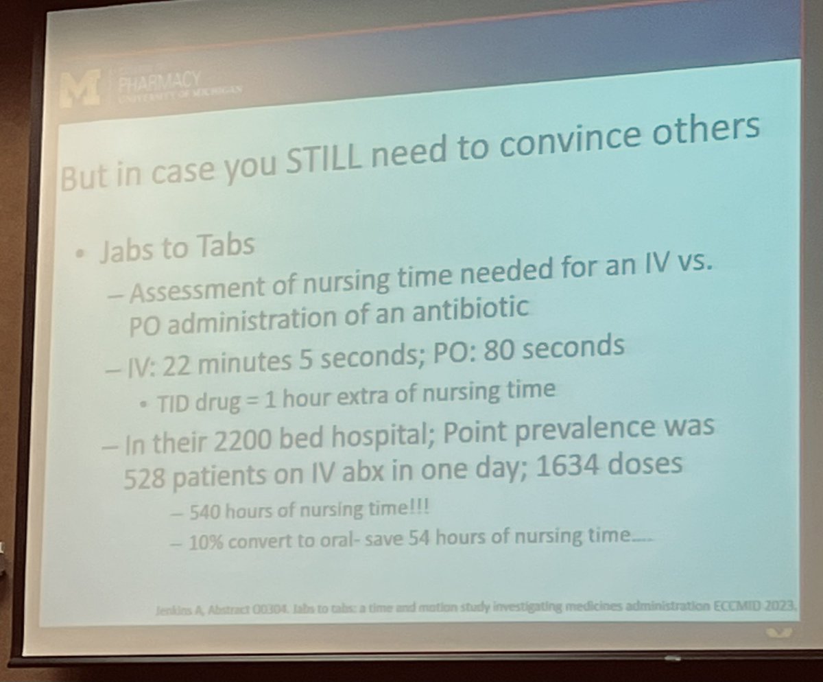 You can help free up nursing time by converting IV antibiotics to PO. Save 1 hr by changing an IV q8h antibiotic to PO!

Consider a point prevalence analysis at your hospital to see how much time could be saved if 10% of courses were changed to PO! 

#ISAS23 @jpogue1 #IDTwitter