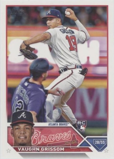 CameoCards's tweet photo. Sean Bouchard sliding on this 2023 Topps Vaughn Grissom rookie.

#Braves #Rockies https://t.co/WxvLA2uj8G