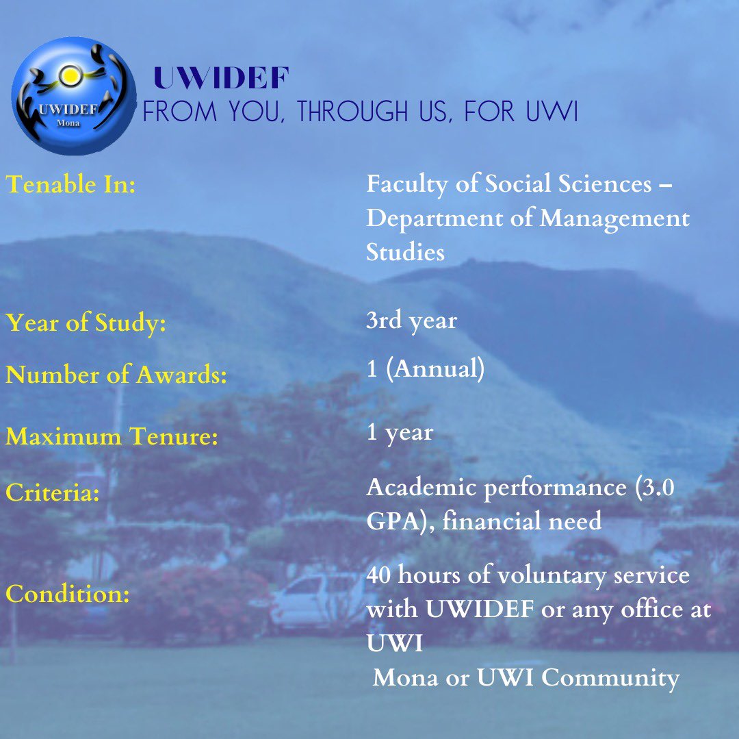 Are you in the faculty of Social Sciences? 
Are you in the department of Management Studies? 
Then this is the scholarship for you, many thanks to Miss Birdie/Purity! 

See link in our bio to apply, all the best! 

#uwimona #uwidef #uwi #scholarship #managementstudies #missbirdie