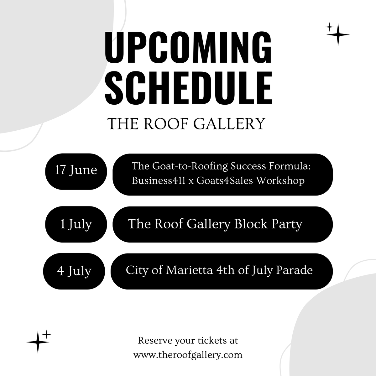The Roof Gallery has something special in store for you. Check out what's coming up:
visit : theroofgallery.com
📌 June 17 - Business411 x Goats4Sales Workshop
📌 July 1 - The Roof Gallery Block Party
📌 July 4 - City of Marietta 4th of July Parade
#TheRoofGallery #MustVisit