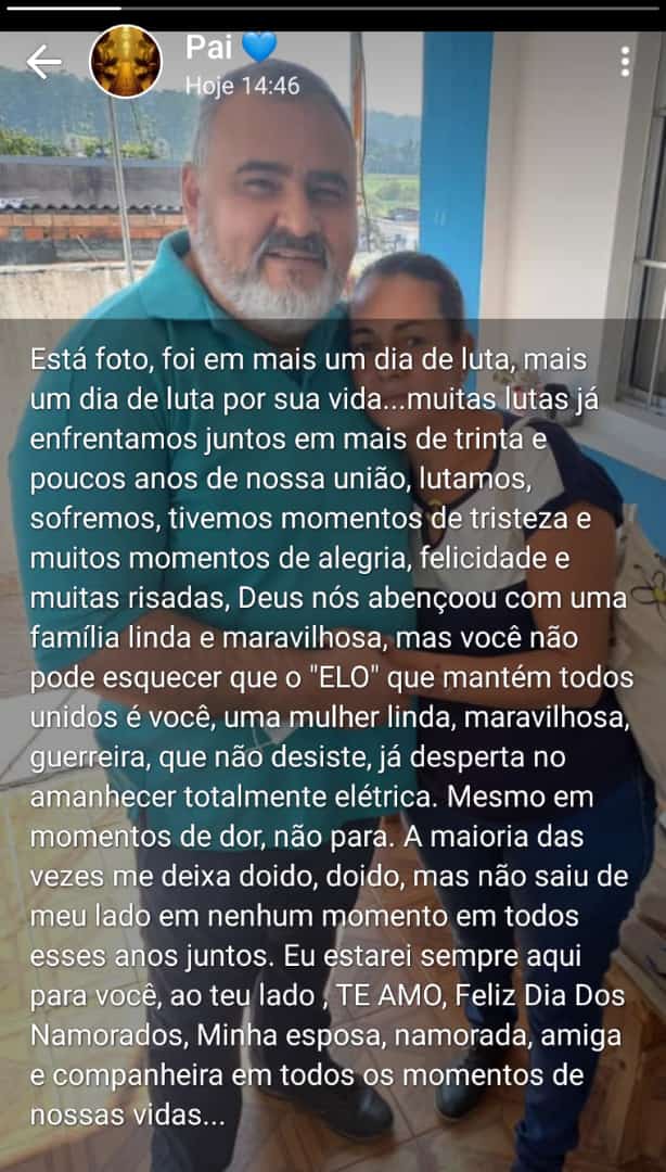 McDel4c's tweet photo. A mulher do meu pai está tratando um câncer (mais um) e ele fez essa linda homenagem pra ela. Algo que me emocionou imensamente...

Uma mulher forte, guerreira, que amo muito e sempre cuidou de mim como um filho.

Tenho ctz que ela sairá dessa, mais uma vez. https://t.co/iGG41JbWQ6