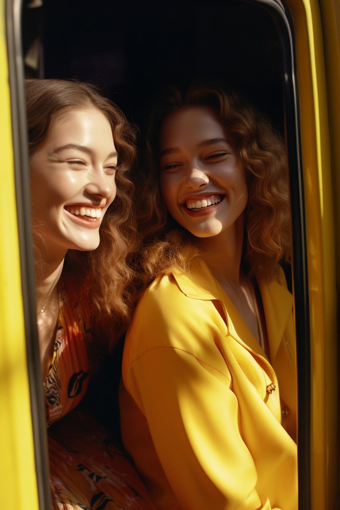 Portrait, fashion photography, two woman models, theu waves and smiles looking out of the door of a yellow taxy, one with brown short hair and ellow monocromatic sweater

#AIArtCommunity #AI #AIArt #chatGPT #NFT #Midjourney5