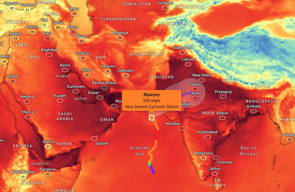 It hit 49C (120F) in Iran Today! Parts of India are hitting 46C (115F). The Arabian Sea is practically boiling. #CycloneBiparjoy is hitting 105 mph and about to hit land. This is at 1.3C over - How long before this whole region pushes the absolute limits of human survivability?