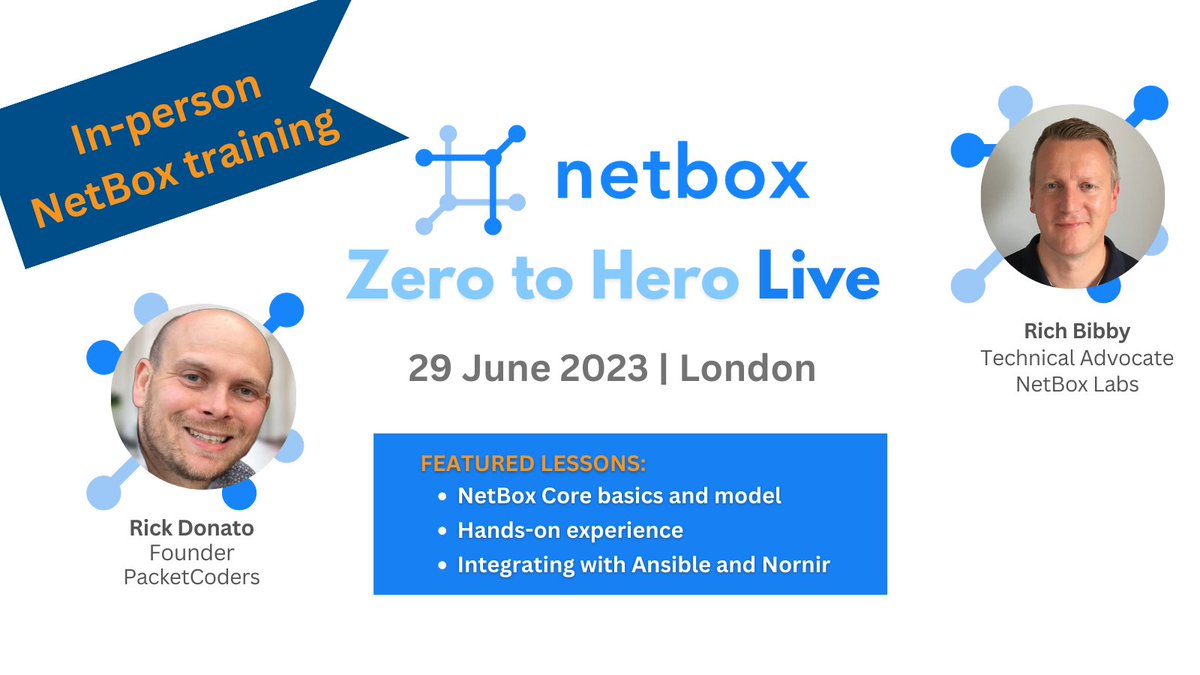 NetBoxLabs's tweet image. Attending #NetDevOps Days London on June 30? Get 50% off our half-day instructor led #NetBox Zero to Here Live training the day before. Register now - limited seats available! netboxlabs.com/blog/announcinโฆ