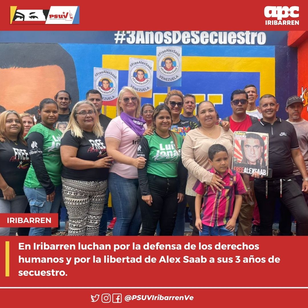 En Iribarren luchan por la defensa de los derechos humanos y por la libertad de Alex Saab a sus 3 años de secuestro.

Nota de Prensa 👉 goo.su/gPG0

#VivaLaUniónDeLosPueblos

<a href="/PartidoPSUV/">PSUV</a> <a href="/NicolasMaduro/">Nicolás Maduro</a> <a href="/dcabellor/">Diosdado Cabello R</a> <a href="/JacquelinePSUV/">Jacqueline Faria</a>