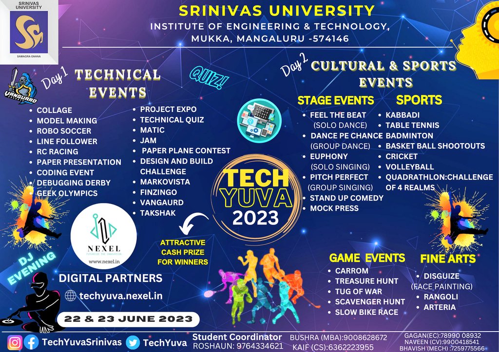 TechYuva's tweet photo. We are organising National Level Techno Cultural & Sports Fest "Tech Yuva 23" on 22 & 23 June
Join with us and Explore #TechYuva23
#TechYuva #SUIET #SUCET #SrinivasUniversity #Mukka #Mangaluru #Mangalore #TechFest #TechnicalFest #CulturalFest #SportsFest #ಟೆಕ್_ಯುವ #ಟೆಕ್_ಯುವ_23 https://t.co/l9Xbjf2DK5