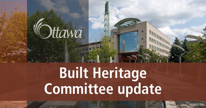 A graphic with Ottawa City Hall is in the background. A vertical grey stripe and a horizontal brown stripe are in the foreground with "Built Heritage Committee update" in the centre.