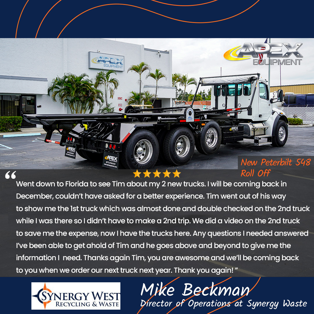 This #TestimonialTuesday Mike Beckman with Synergy Waste gives his personal experience with Apex Equipment.
.
.
.
.
.
#2024 #New #peterbilt #peterbilttrucks #rollofftruck
#rolloff #worktruck #wastecleanup
#constructioncleanup #trashtrucks #waste #trash #trashremoval #treedebris