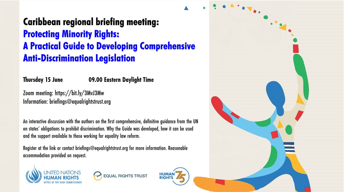 EqualRights's tweet image. Our latest briefing with @UNHumanRights on the UN Practical Guide to Developing Comprehensive Anti-Discrimination Legislation is targeted at equality activists in the Caribbean.

Join us: Thurs 15 June at 09.00 EDT (NB: time corrected)

Register: us02web.zoom.us/meeting/regist…