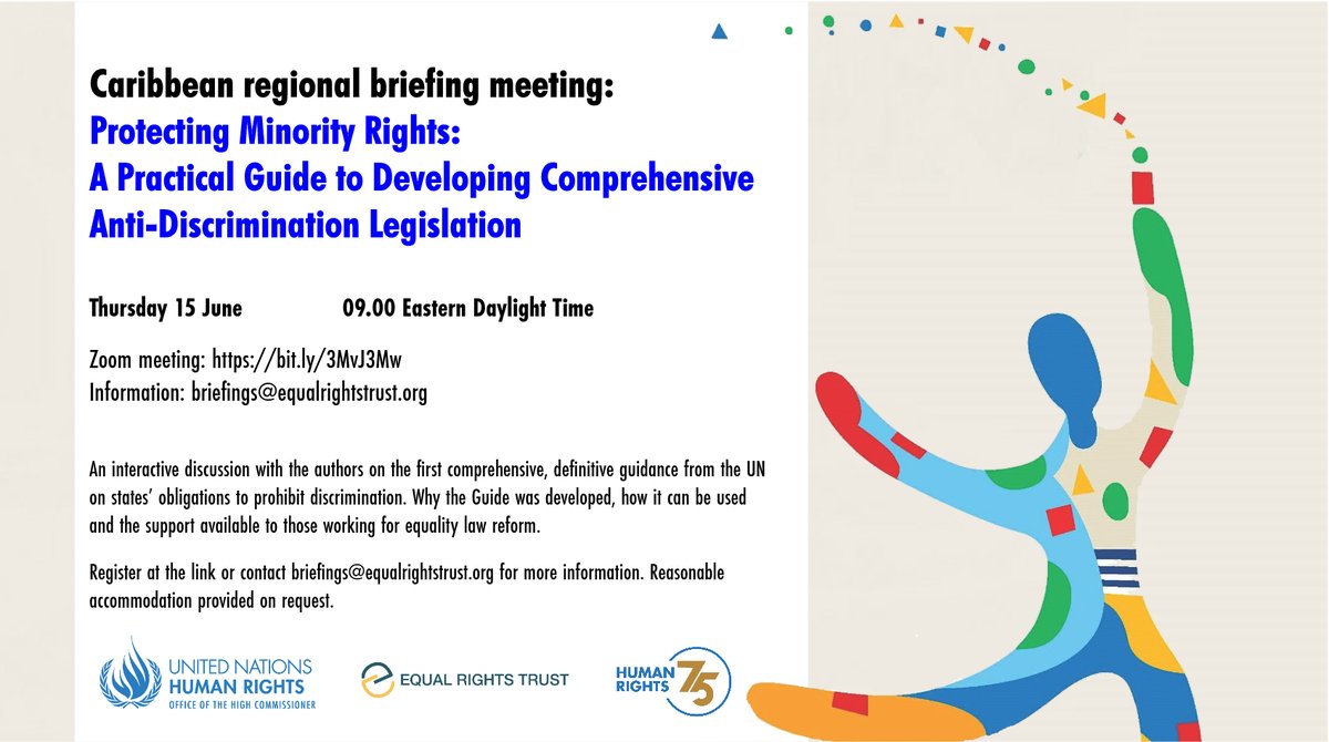 Our latest briefing with @UNHumanRights on the UN Practical Guide to Developing Comprehensive Anti-Discrimination Legislation is targeted at equality activists in the Caribbean. Join us: Thurs 15 June at 09.00 EDT (NB: time corrected) Register: us02web.zoom.us/meeting/regist…