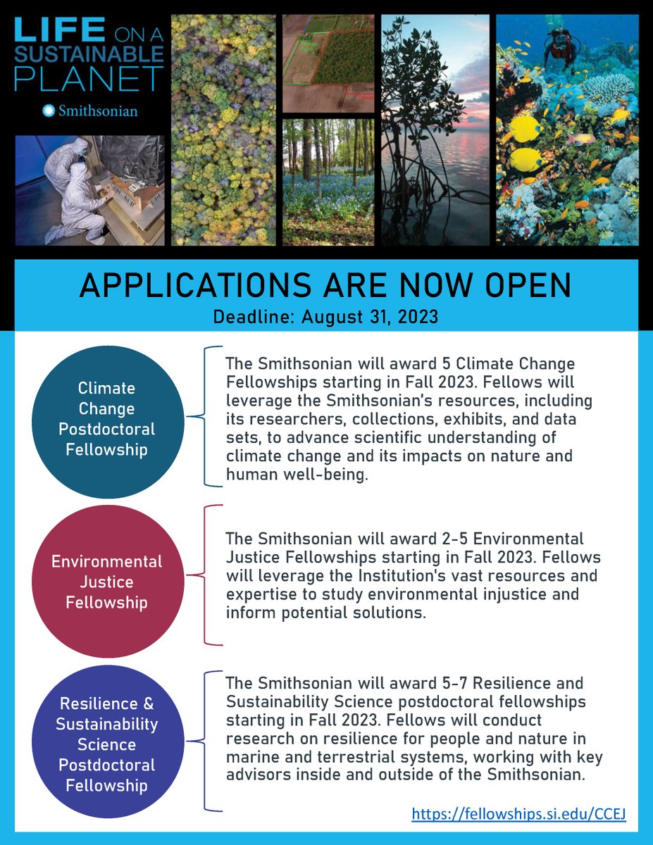 New Smithsonian fellowship opportunities in Climate Change, Environmental Justice and Resilience &amp; Sustainability Science. See: fellowships.si.edu/CCEJ