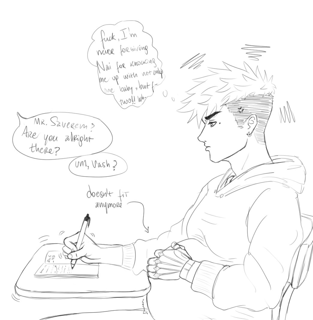 (You know those desks that are a table and chair stuck together? Yeah YEAH)
Vash still attends uni until he has to birth the twins, even if Nai wishes he would drop out lol 
#Mpreg #Plantcest