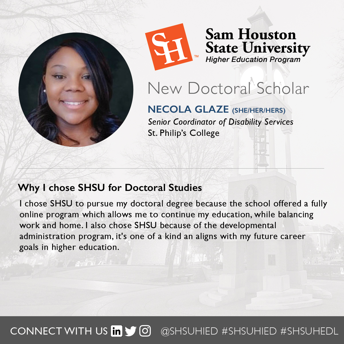 Meet Necola Glaze, a new #SHSUHEDL doctoral scholar. Welcome to the Bearkat Nation, Necola! #SHSUCOE #SHSU #sadoc #sapro #sachat @SHSUCOE @SHSUGradSchool @SHSUOnline