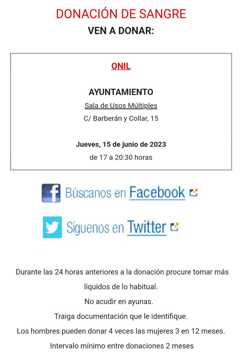 OnilDiari's tweet photo. Donació de sang🩸a #Onil, dijous 15 de juny de 2023, de 17 a 20.30h, a la Sala d'Usos Múltiples de l'Ajuntament d'Onil (C/ Barberán i Collar, 15).
Amb la teua donació de sang col.labores amb els hospitals en l'atenció dels malalts #salvar3vides #dónasang @GVAdonasang #dónavida https://t.co/b60mTosqy2