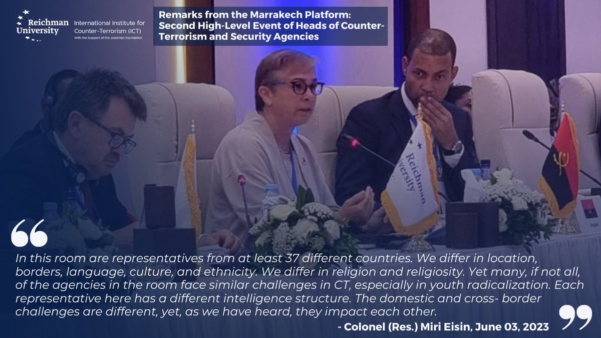 ICT_org's tweet photo. COL. (Res.) Miri Eisin's remarks at the #MarrakechPlatform of #CounterTerrorism were a powerful reminder of the urgent need for #globalcooperation in countering #terrorism. Thank you for sharing your valuable insights! #UNConference [Full speech: https://t.co/cnGveDLSXd] https://t.co/ETdLdtXc8V