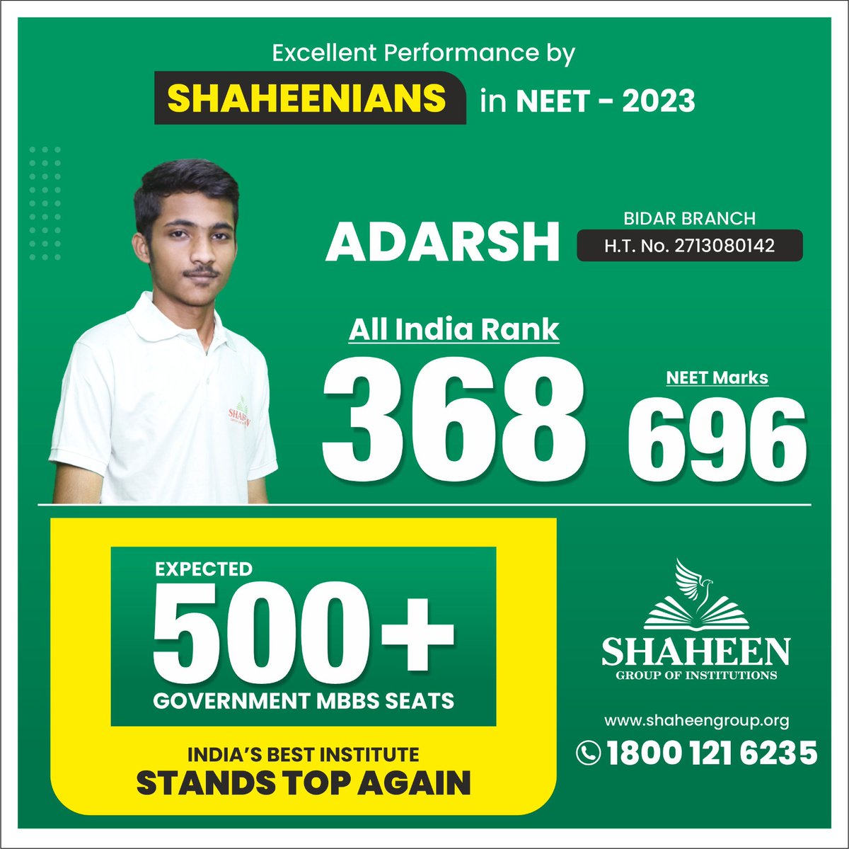 📷📷Excellent Performance by Shaheenians in NEET-2023 📷📷
📷 Adarsh : 696 Marks, AIR 368
📷 Expected 500+ Government MBBS Seats
📷 India's Best Institute Stand Top Again
#ShaheenBidar #neet2023 #NEETResult #ntalatestupdate #neetresult #neetresult2023 #neetntanic