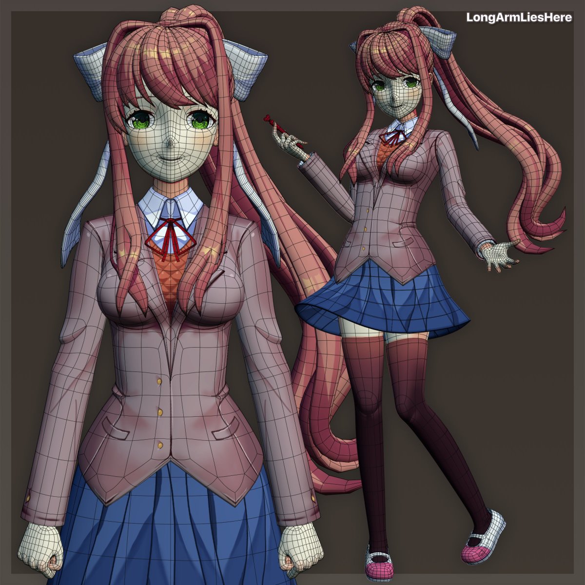 made a monika model to test out new drawing tablet #DDLC #b3d, image size:1200x1200