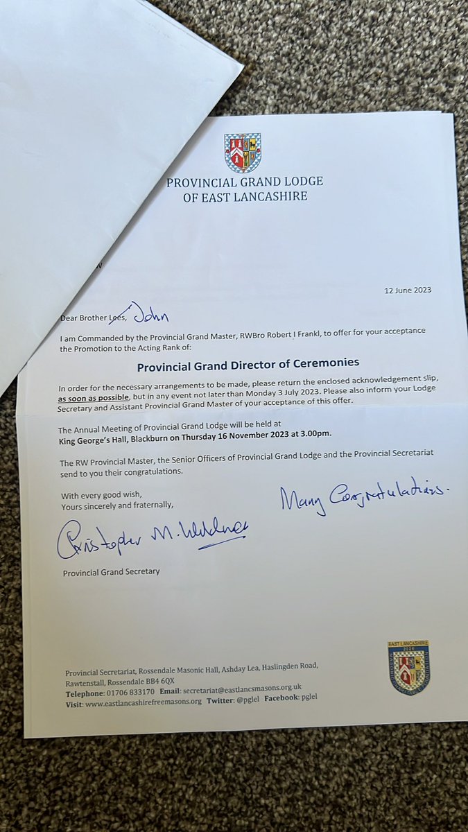 Absolutely delighted to have received this through the post today. What a great honour. I have enjoyed every minute being a DepDC and look forward to further serving the Province in my new role. Congratulations to those who have also received letters of appointment or promotion.