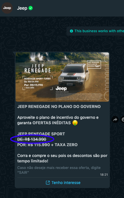 bleomaia's tweet photo. O desconto para carros - de R$120 mil reais mal chegou e a @jeep pertencente a @fcalatam  me manda uma mensagem (veja abaixo). Capcioso, não é? https://t.co/I5m6iGaGkc