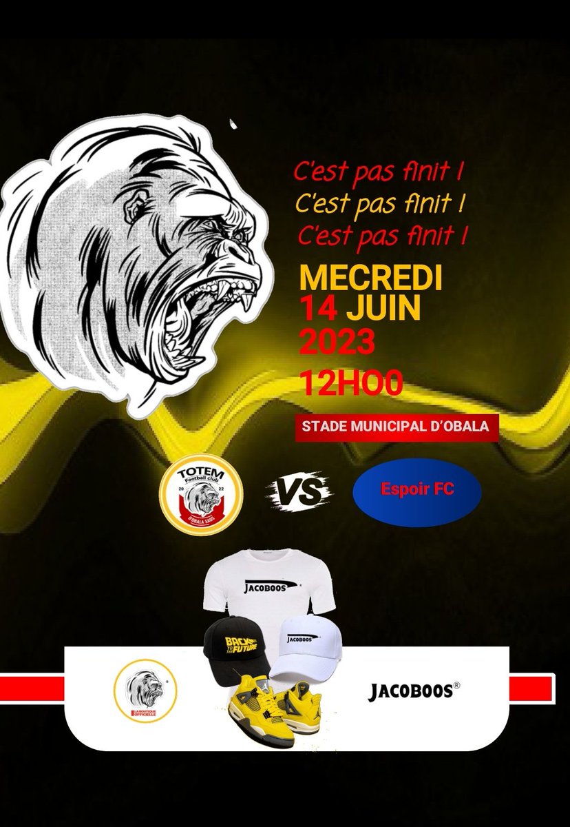 C'est pas finit, le phénix revient..
Totem F.C 🆚 Espoir FC
Mercredi 14 juin 2023.
Stade Municipal d'Obala
Heure : 12H 00
Le grand retour de Doraso et des cadres du Totem Football Club d'Obala.
💯👇