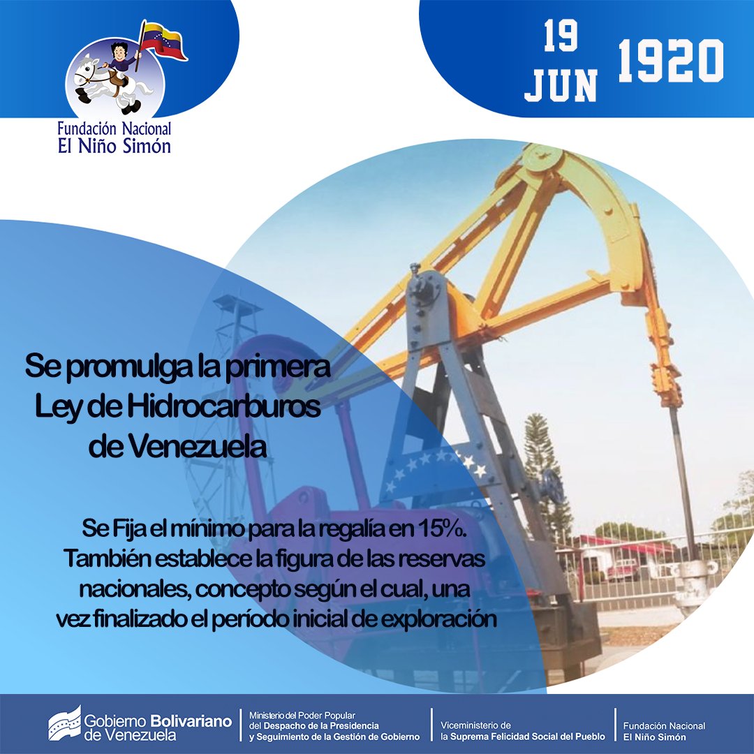 El 19 de junio de 1920 se promulgó la primera Ley de Hidrocarburos de Venezuela <a href="/NicolasMaduro/">Nicolás Maduro</a> <a href="/ConCiliaFlores/">Cilia Flores</a> <a href="/FRNSAragua/">FRNSAragua</a>