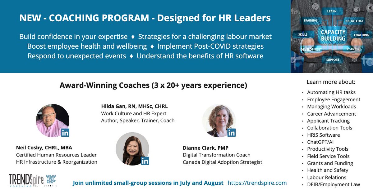 Announcing our new Summer Coaching Program, exclusively designed for HR Professionals. Small groups (<10). Catch up on skills, trends, knowledge and software on your schedule. HRIS software and a HR Program Audit included free with monthly subscriptions. trendspire.com/#group_coaching