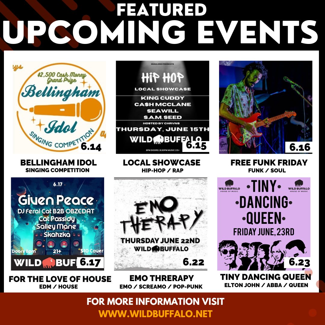 WildBuffalo's tweet photo. A LOT OF DANCING COMING UP 🕺
6/14 - Bellingham Idol
6/15 - @bumlordpresents hip hop showcase
6/16 - Free Funk with Miles Harris
6/17 - For The Love Of House 
6/22 - Emo Therapy 
6/23 - Tiny Dancing Queen 

More info and tix available through the link in bio 🎟️ https://t.co/xZbvYPuEnq