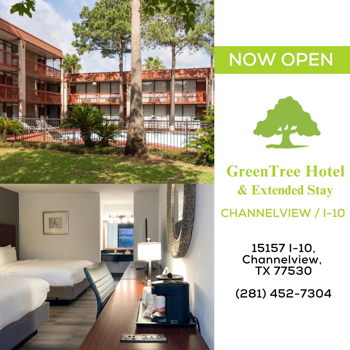 greentree_inn's tweet image. We've opened our third location in Texas! Located right off the I-10, this #GreenTree Hotel &amp;amp; Extended Stay includes a restaurant, large meeting space, pool, gym, and more!

Learn more or book now at: greentreeinn.com/hotels/tx/chan…