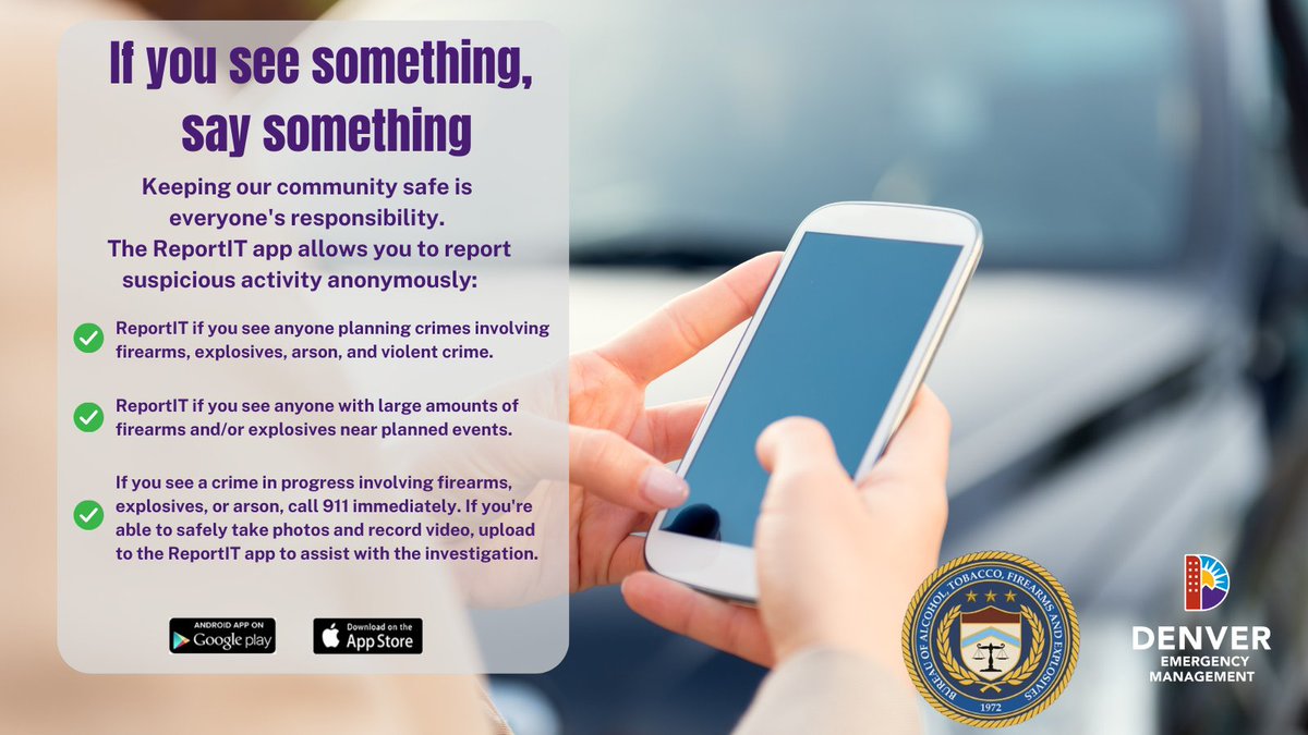 Protecting the community is everyone's job. If you see suspicious activity involving firearms or explosives, you can use the ReportIT App to make an anonymous report.
MORE: tinyurl.com/yc3789sr

#ReportIt #AnnonymousReporting #Community #Denver