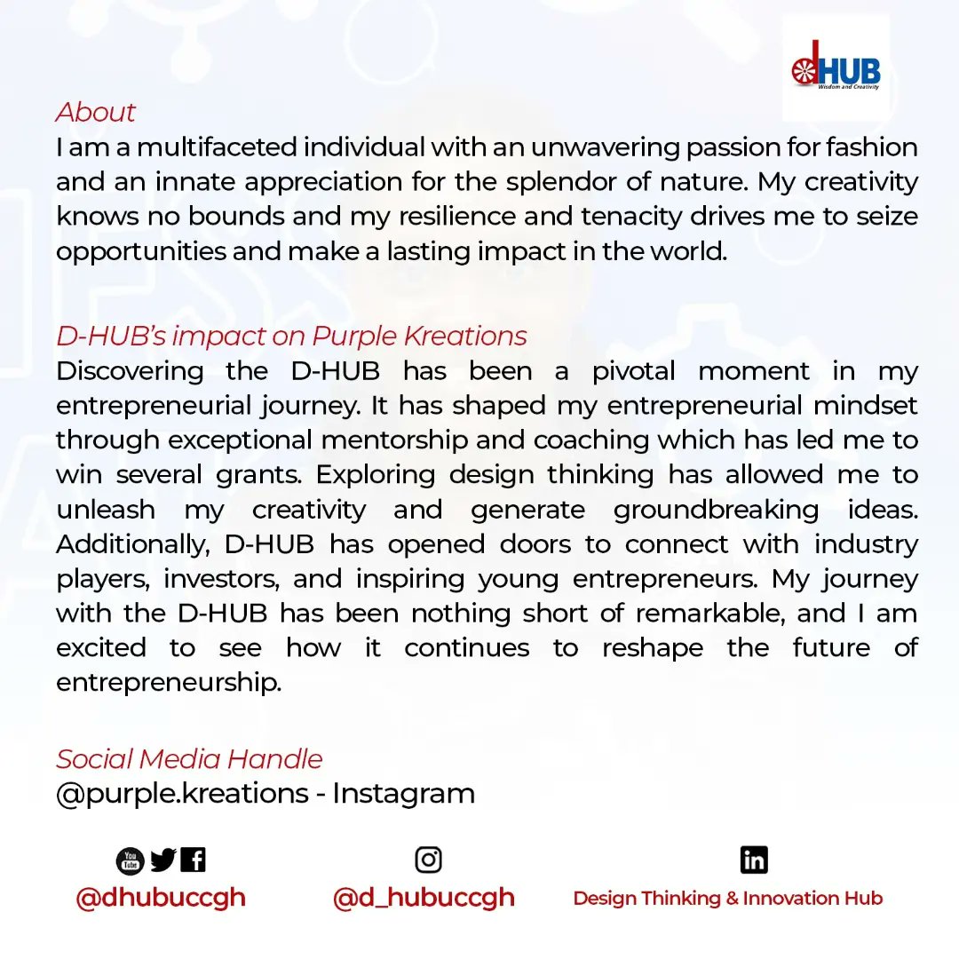 The aim of the D-HUB incubation has in-fact taken a favorable course, so far.
Meet Elizabeth Adjei, one of our entrepreneurs of the D-HUB.
#dhub #dhubucc #innovation #businessdevelopment