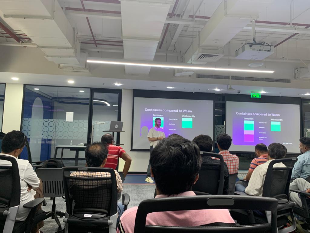 Great intro to #wasm by creator of Helm himself @technosophos, followed by a demo by @rajatjindal1983 on how he built @goodfirstissue using the same. And the interesting discussions that followed on the work at @Fermyon. Loved the networking at #cncfHyderabad @cncfhyd #wasmHyd