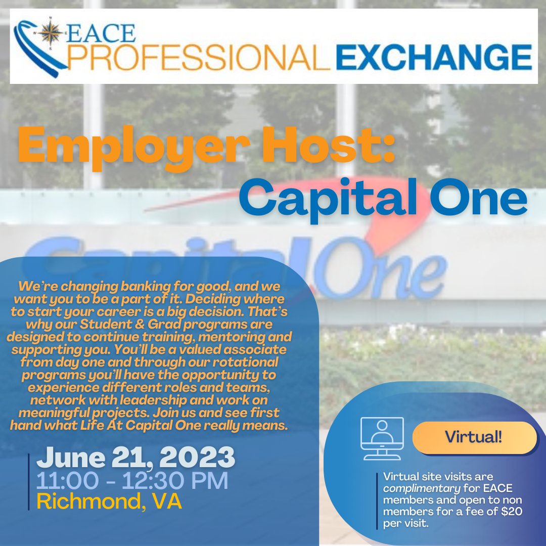 Professional Exchange Host Spotlight: Capital One

College professionals sign up here: eace.memberclicks.net/professional-e…

#EACE #EACE23 #ProfessionalExchange