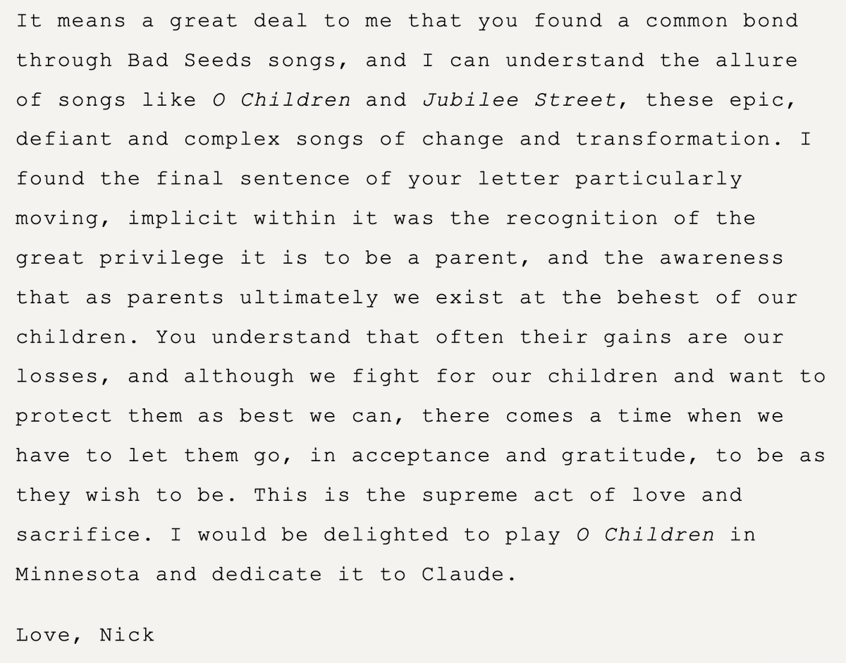TylerHuckabee's tweet photo. nick cave's response to a fan who is trying but very clearly struggling to be supportive of their trans son struck me as a compassionate and human way of honoring their parental tension and still encouraging them towards embracing acceptance. https://t.co/N05Ibnq0u5 https://t.co/PtWAzSvjQM