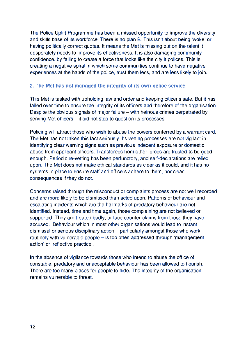 "Behaviour which in most other organisations would lead to instant dismissal or serious disciplinary action ... is too often addressed through ‘management action’ or ‘reflective practice’." #CaseyReview #accountability <a href="/MetPoliceUK/">Metropolitan Police</a>
bit.ly/casey-review-2…
