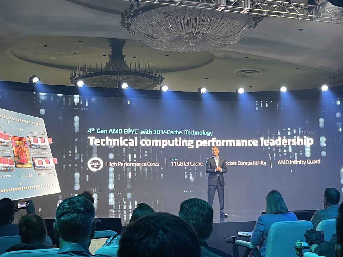 fsideco's tweet photo. @AMD SVP @DanRMcNamara introducing #GenoaX featuring 3D Cache designed specifically for technical computing workloads https://t.co/Mks7noYFnQ