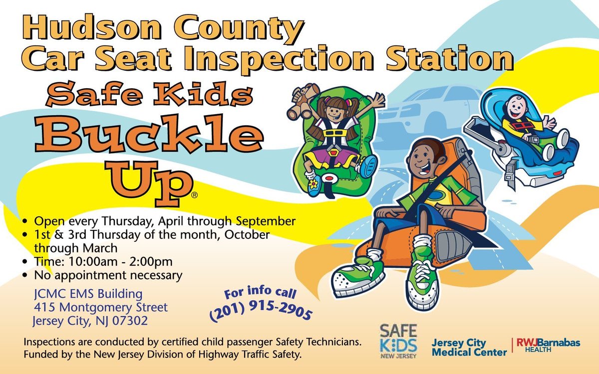 Don't miss out on the free Car Seat Inspection Stations every Thursday from 10 AM to 2 PM at Jersey City Medical Center, 415 Montgomery Street.  No appointment is necessary. 

Enjoy peace of mind knowing your little ones are safe and secure. #HudsonCounty